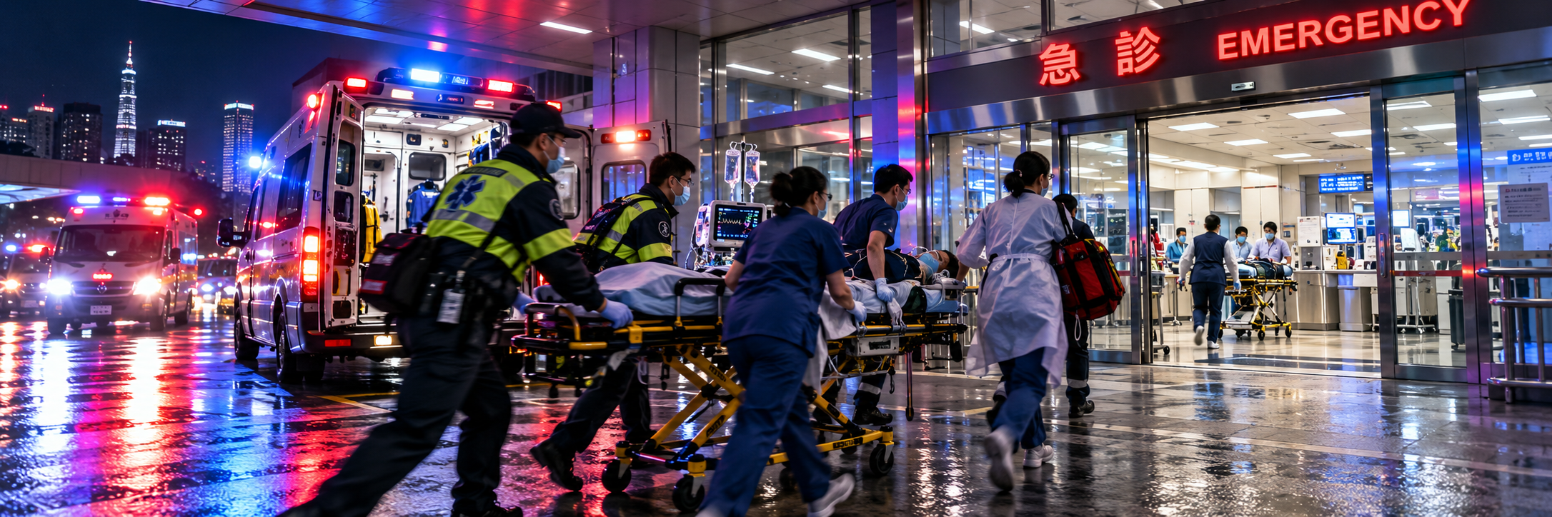 Emergency medicine team transporting a patient into an emergency department at night
